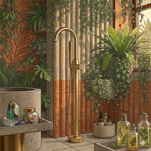 Biophilic bathroom design with lush indoor plants surrounding a bathtub and brushed gold freestanding tub filler trends 2026 fixtures.