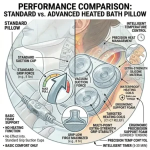 Infographic comparing a standard cushion versus an electric heated bath pillow for muscle pain relief 2026.