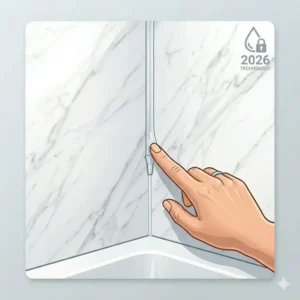 Illustration 7: Macro shot of a seamless, leak-proof corner joint in a high-quality peel and stick bathtub wall surrounds installation 2026.