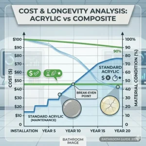 Data chart comparing the 20-year cost of ownership and longevity of acrylic vs composite bathtub wall kits pros and cons 2026.