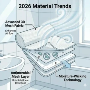 Cutaway diagram revealing the internal layers of a 3D mesh pillow designed to stay fresh longer, highlighting future trends in bath pillow mold prevention and cleaning tips 2026.