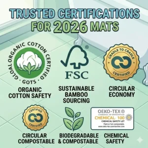 Icons representing GOTS organic, FSC, and Cradle to Cradle certifications, establishing trust for the best biodegradable non-slip bathtub mat alternatives 2026.