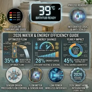 Illustration 7: Infographic highlighting water and energy saving data from the smart temperature sensing bathtub faucet reviews 2026.