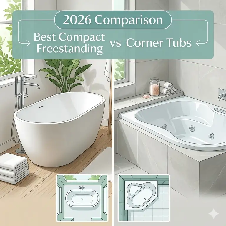 Featured Image: A luxury bathroom showcase featuring the best compact freestanding tubs vs corner tubs 2026 comparison for modern homes.