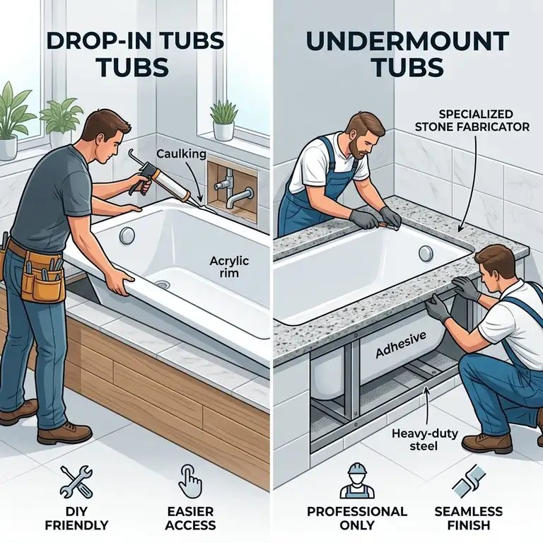 A comprehensive visual guide comparing drop-in vs undermount bathtub installation complexity 2026 with side-by-side views of professional bathroom remodeling.