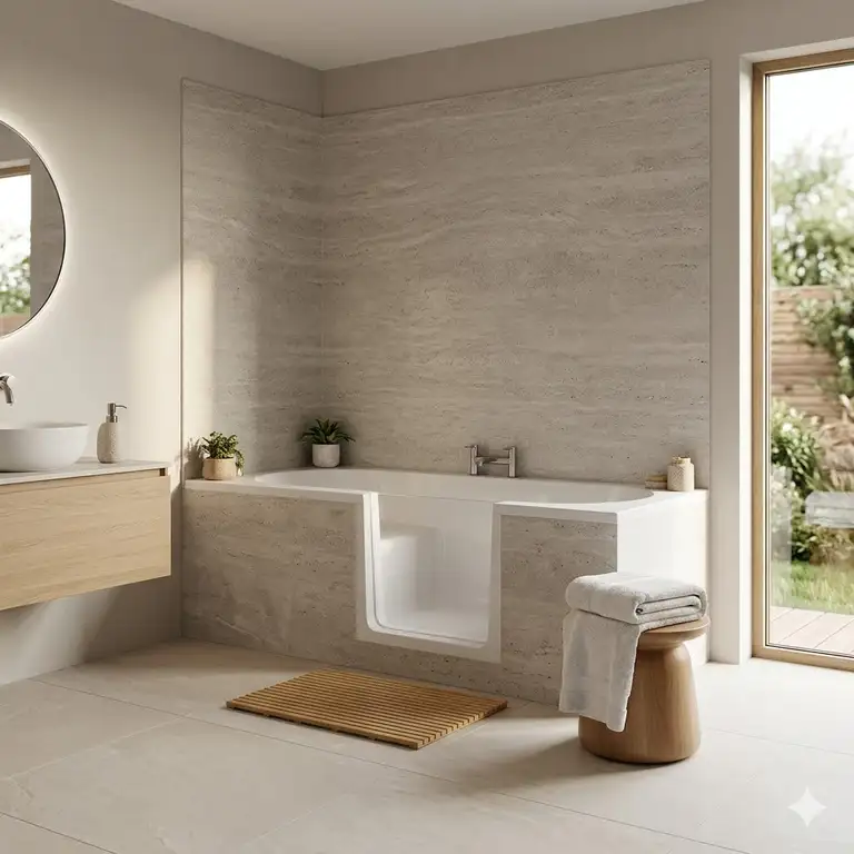 Featured Image: A luxury bathroom showcase of the best low-profile walk-in tub wall surround options 2026 with a seamless stone finish.