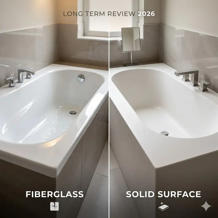 Side-by-side comparison of a glossy tub and a stone-resin model for a fiberglass vs solid surface bathtubs long term review 2026.