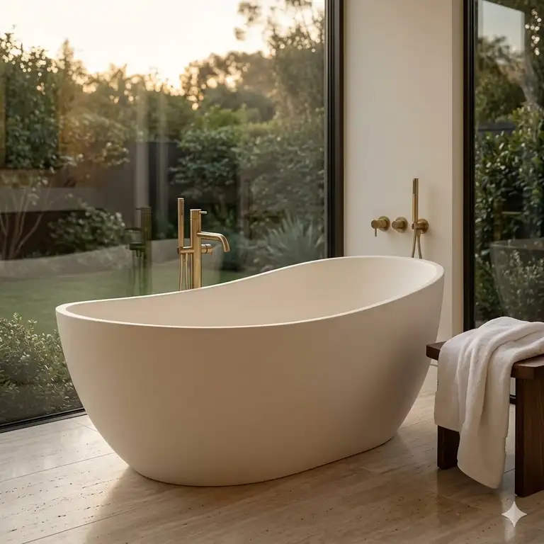 A high-end bathroom interior featuring a sculptural tub as part of our luxury bathtub brands analysis and warranty 2026.