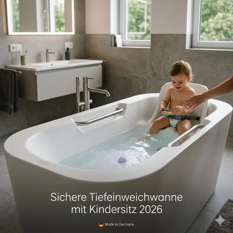 A luxury bathroom featuring a safe deep soaking tub with built-in child seat 2026 with modern fixtures.