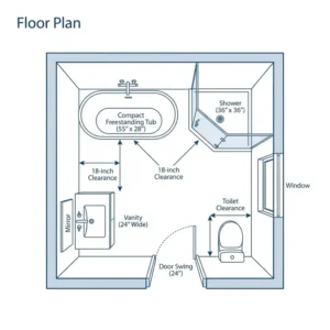 Illustration 1: Detailed floor plan layout illustrating the best compact freestanding tubs vs corner tubs 2026 comparison in small spaces.