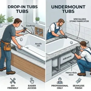 Detailed diagram of a drop-in rim resting on a deck to explain drop-in vs undermount bathtub installation complexity 2026 for DIY projects.