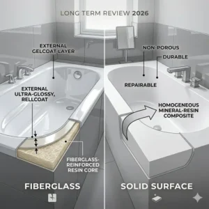 Detailed material layers diagram explaining the fiberglass vs solid surface bathtubs long term review 2026 data.