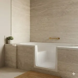 Illustration 1: Natural stone textures used in modern low-profile walk-in tub wall surround options 2026 for a spa-like feel.