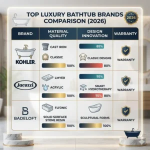 A brand comparison chart highlighting the top market leaders for our luxury bathtub brands analysis and warranty 2026.