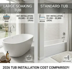 A detailed comparison table breaking down the cost of installing a large soaking tub vs standard tub 2026.