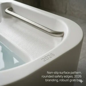 Close-up of the non-slip surface on a safe deep soaking tub with built-in child seat 2026.