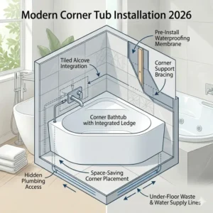 Illustration 2: Corner tub installation guide as part of our best compact freestanding tubs vs corner tubs 2026 comparison study.