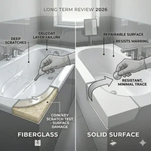 Scratch and impact durability test results from our fiberglass vs solid surface bathtubs long term review 2026.