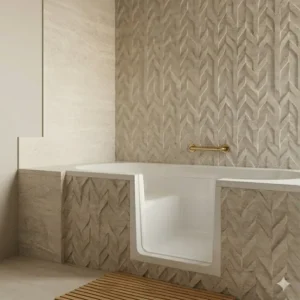 Illustration 2: 3D geometric patterned panels as creative low-profile walk-in tub wall surround options 2026.