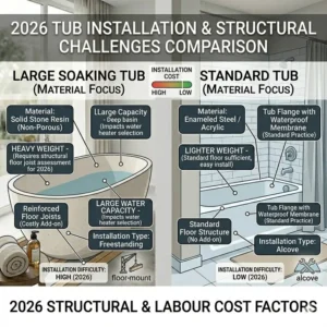 Infographic showing how material choices affect the cost of installing a large soaking tub vs standard tub 2026.