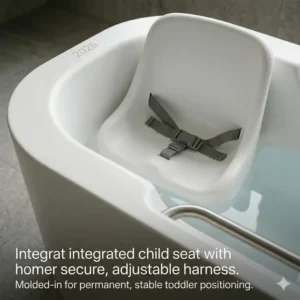 Ergonomic design of the integrated chair within the safe deep soaking tub with built-in child seat 2026.