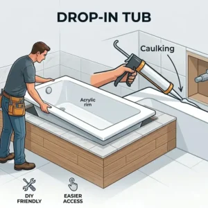 Technical illustration of the heavy-duty support frame required for drop-in vs undermount bathtub installation complexity 2026 specifically for undermount models.