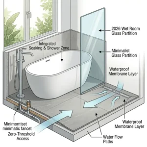 Illustration 3: Modern wet room design featuring the best compact freestanding tubs vs corner tubs 2026 comparison for open layouts.