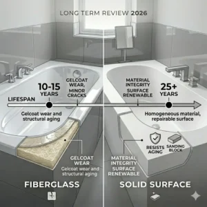 A 30-year lifespan comparison chart featured in the fiberglass vs solid surface bathtubs long term review 2026.