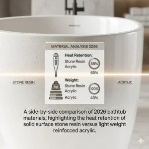 Side-by-side material comparison of stone resin and acrylic for the luxury bathtub brands analysis and warranty 2026.