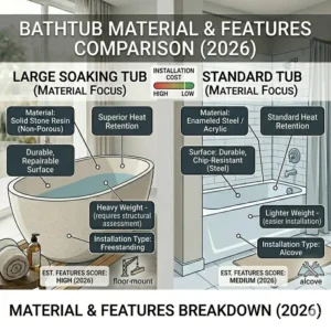 Diagram illustrating plumbing complexity and the labor cost of installing a large soaking tub vs standard tub 2026.