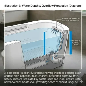 Diagram showing the advanced drainage and water depth of a safe deep soaking tub with built-in child seat 2026.