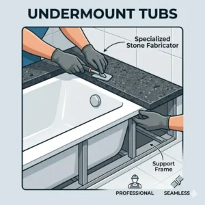 Comparison of silicone sealant points and waterproofing zones related to drop-in vs undermount bathtub installation complexity 2026 standards.