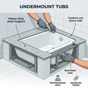 A 3D wireframe showing the structural deck framing and the hidden drop-in vs undermount bathtub installation complexity 2026 involved in tub surrounds.