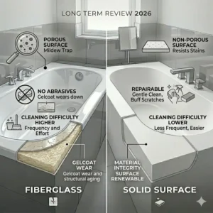 Porous vs non-porous cleaning and maintenance analysis for fiberglass vs solid surface bathtubs long term review 2026.