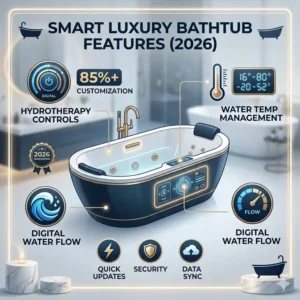 An infographic showing smart hydrotherapy features integrated into the luxury bathtub brands analysis and warranty 2026.