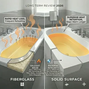 Thermal heat retention graphic showing water temperature stability for fiberglass vs solid surface bathtubs long term review 2026.