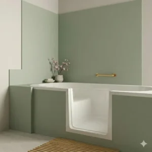 Illustration 5: Biophilic sage green color trends in low-profile walk-in tub wall surround options 2026.
