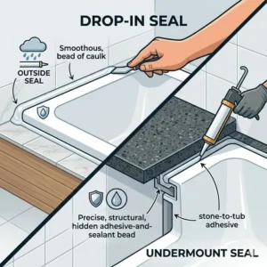 Infographic showing long-term maintenance and the difference in drop-in vs undermount bathtub installation complexity 2026 during a future replacement.