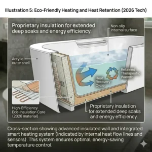 Technical cross-section showing the eco-friendly insulation of a safe deep soaking tub with built-in child seat 2026.