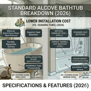 Technical drawing of an alcove bathtub showing the budget cost of installing a large soaking tub vs standard tub 2026.