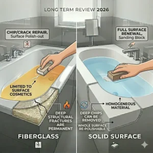 Visual guide on surface repairability and renewal as part of the fiberglass vs solid surface bathtubs long term review 2026.