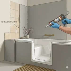 Illustration 6: Professional adhesive application for installing low-profile walk-in tub wall surround options 2026 over existing tile.