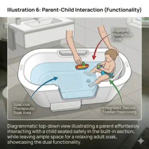 Top-down view of a parent and toddler using the safe deep soaking tub with built-in child seat 2026.