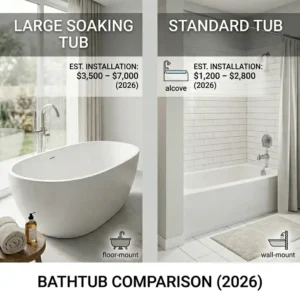 Dimensions and floor-mount faucet details for the cost of installing a large soaking tub vs standard tub 2026.