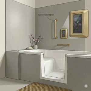 Illustration 7: Enhanced safety features and digital controls integrated into low-profile walk-in tub wall surround options 2026.