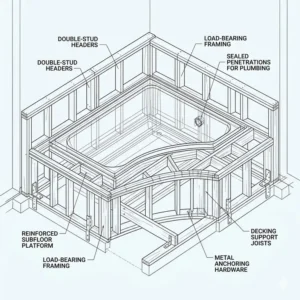 Top-down plumbing and faucet valve placement diagram demonstrating drop-in vs undermount bathtub installation complexity 2026 for contractors.