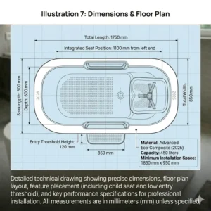 Detailed floor plan and measurement specifications for a safe deep soaking tub with built-in child seat 2026.