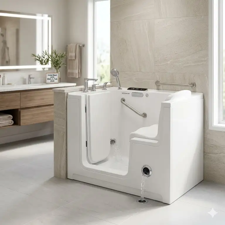 A luxury bathroom featuring the best ADA compliant walk-in tub with fast drain technology 2026 for senior safety.
