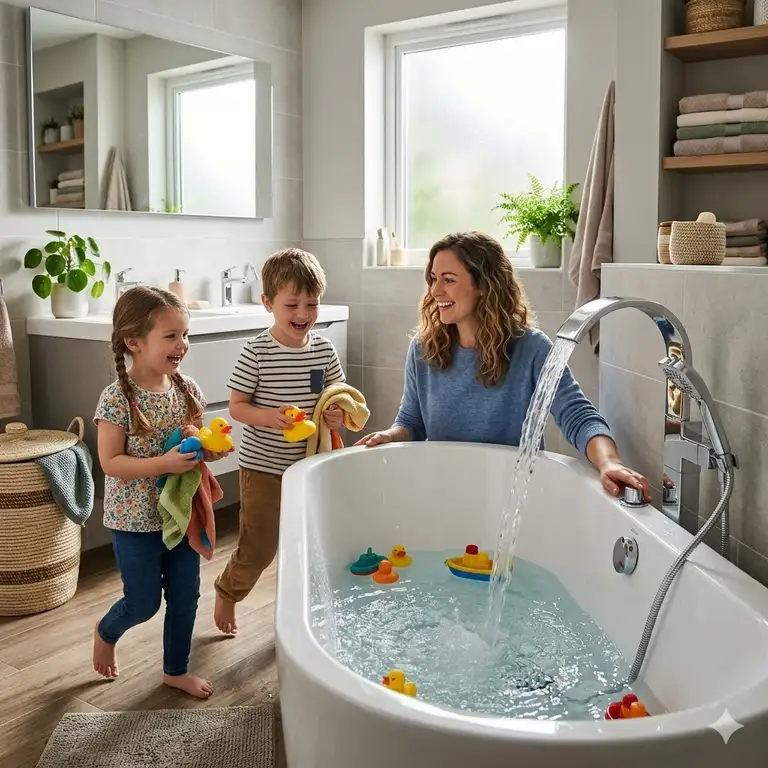 A modern bathroom featuring the best quick-fill bathtubs for busy families 2026 with a high-flow faucet.