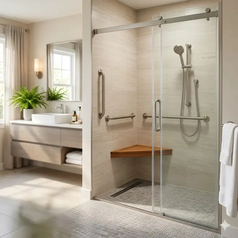 A modern bathroom showing a high-end finish and the total cost of converting tub to walk-in shower for seniors 2026.